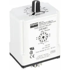 Socket-mounted single-function off-delay relay with 11 terminals. Operates on 12V DC with a 10 A rating. Used in industrial automation to keep a load energized for a set time after the control signal is removed, such as in conveyor sequencing or motor cooling fan run-on.