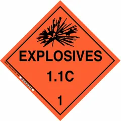 Class 1: Explosives placard measuring 10 3/4 in x 10 3/4 in with a 10 3/4 in label height. Displays 'Explosives 1.1 C 1' message. Used for identifying containers holding Division 1.1 hazardous materials in shipping, storage, and handling applications.