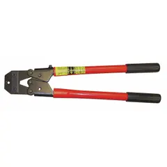 This scissors-style swaging tool is designed for crimping 3/16 in copper oval sleeves onto wire rope or cable. It is a swaging-tool-only unit with a 17 in handle length, providing mechanical advantage for manual operation. Suitable for creating secure terminations in rigging, towing, and industrial lifting applications.