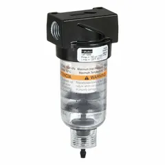 Parker 14F15BB particulate filter for compressed air systems. Port size 1/4 in NPT, filtration rating 5 micron, flow capacity 24 scfm, maximum operating pressure 150 psig. Plastic bowl with Auto Pulse Drain. Removes solid contaminants to protect downstream pneumatic equipment.