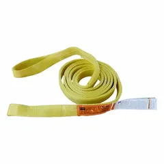 Nylon flat-eye web sling, Type 3, with 1 ply construction. Sling length is 2 ft, eye length is 7 in. Choker hitch capacity is 1,280 lb. Includes a standard identification tag. Used for lifting and rigging in industrial settings where a flexible, non-marring lifting medium is required.