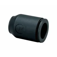Push-to-connect tube cap for sealing the end of 8 mm OD tubing in pneumatic or fluid systems. Made of polycarbonate in black with an overall length of 21 29/32 mm. Suitable for use in industrial automation, packaging, and material handling applications