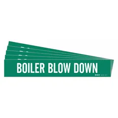 Green pipe marker with white legend reading 'Boiler Blow Down'. Fits pipe outer diameters from 2-1/2 to 7-7/8 inches. Pack of 5 markers without arrows. Used to identify boiler blow down lines in industrial piping systems.