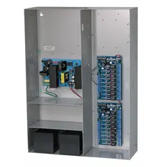 This power supply board with enclosure converts 115V AC input to 24VDC output at 9.4A. Housed in a steel enclosure, it is suitable for powering access control systems, security panels, and industrial control circuits.