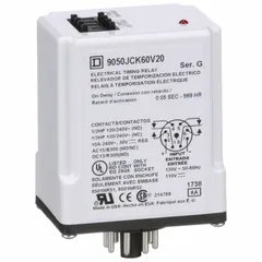 Single-function time delay relay for socket mounting. Operates on 120V AC with a contact rating of 10 A at 120/240V AC. Features 8 pins/terminals. Used in industrial control panels to delay switching of loads such as motors, conveyors, or lighting.