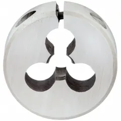 This adjustable round threading die cuts external M6x1 metric threads on rods or studs. Constructed from high-speed steel, it features a 1-inch outer diameter to fit standard die stocks and an adjustment screw for fine-tuning thread depth. Suitable for manual or machine use in machining, maintenance, and fabrication applications.