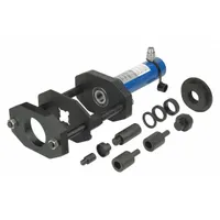 Steel bushing removal and installation tool set for heavy-duty vehicles. Includes a 25 ton hydraulic cylinder. Dimensions: 27-1/8 in x 6-1/2 in x 10-1/4 in. Used for servicing front suspension bushings