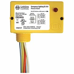 The RIB ESR2402D is an enclosed pre-wired relay with a 10 A rating and DPDT contact configuration. It features a 0.50 in NPT nipple for conduit mounting. This relay is used in emergency lighting bypass/shunt applications to control lighting circuits during mains failure.