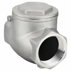 This stainless steel inline swing check valve features a horizontal valve body with FNPT x FNPT connections. It is designed to prevent backflow in piping systems, allowing flow in one direction only. Typical applications include water, oil, and gas lines where reverse flow protection is required.