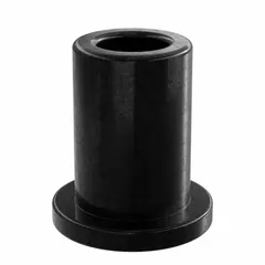 This flanged sleeve bearing is made of black PEEK plastic, offering low friction and self-lubricating properties. It has a 3/16 in bore, 5/16 in OD, and 1/2 in overall length. Suitable for applications such as conveyor systems, packaging machinery, and light-duty industrial equipment where chemical resistance and dimensional stability are required. Sold in a pack of 10.