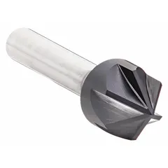 This 90° countersink features six flutes and a TiAlN-coated carbide construction for producing smooth, burr-free chamfers on drilled holes. It is used in machining and fabrication for precision deburring and countersinking operations on hard materials such as steel and stainless steel.
