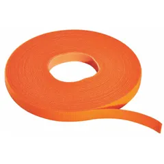 Cut-to-length hook-and-loop cable tie roll made of orange polyethylene. Measures 15 feet in length and 0.75 inches in width with a tensile strength of 50 lb. Used for securing and organizing cables, wires, hoses, and conduit in industrial and commercial settings.