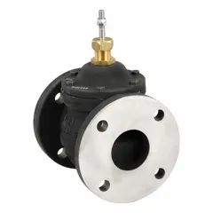 This 2-way flanged globe valve features a cast iron body and stainless steel stem, with a stem-down-to-close action. It is normally open (NO) and has a CV flow rating of 51 with a 2 1/2 in flanged connection. Suitable for regulating water flow in hydronic heating and cooling systems.