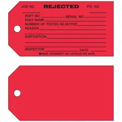 Rectangular paper safety tag with black/red print and 'Rejected' header. Measures 5 3/4 inches high by 3 inches wide. For indoor use. Supplied in English as a 100-pack. Commonly used to mark equipment or materials that have failed inspection or are non-conforming.