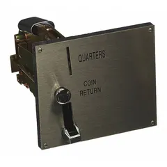 Genuine OEM coin drop mechanism for Whirlpool washing machines and dryers. Accepts coins to activate machine cycles in commercial or multi-housing laundry equipment.
