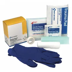 This bulk wound dressing kit serves one person and includes tape as the primary wound dressing. It is latex free, not water resistant, and not ANSI compliant. Suitable for emergency preparedness and basic wound care in workplace or personal settings, meeting OSHA compliance standards.