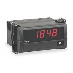Multi-function digital panel meter with 1,999 display span, red LED readout, and accuracy of ±1.0% of reading ±5 counts. Accepts 0 V DC to 20 V DC input and operates on 120 V AC supply. Features screw clamp connections and NEMA 4X rated enclosure for use in industrial control panels and automation systems.
