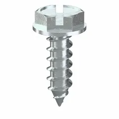 Steel hex washer head sheet metal screw with zinc-plated finish and slotted drive. #7 size, 1/2 in length, 1/4 in drive size. Suitable for fastening sheet metal in general construction and metalworking applications. Pack of 1000.