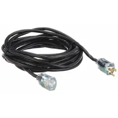 This outdoor extension cord features a single grounded outlet and a 25 ft length, constructed with 14/3 SJTW jacket for flexibility and resistance to weather. It operates at 125V AC with a NEMA 5-15P plug, suitable for powering tools, lights, or equipment in outdoor environments within a temperature range of -40° to 167°F.