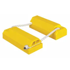 Urethane aircraft wheel chock set consisting of 2 chocks. Each chock measures 14 in length, 6 in width, and 4 1/4 in height. Used for restraining aircraft wheels during parking, maintenance, or loading on tarmac or hangar floors.