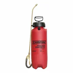 This handheld sprayer features a 3-gallon poly tank and operates at 60 psi with an adjustable nozzle, delivering a maximum spray distance of 25 ft. It is designed for applying sealants, curing compounds, and form oils to concrete surfaces in construction and maintenance tasks.