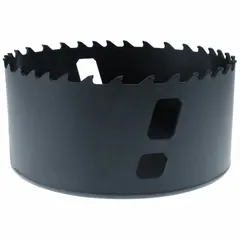Carbide-tipped hole saw for cutting multi-material surfaces such as metal, wood, and plastic. Features 2/3 teeth per inch and a maximum cutting depth of 1 15/16 in. Designed for use with a separate arbor (5/8"-18 thread). Suitable for industrial maintenance, fabrication, and construction applications requiring clean, precise holes.