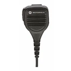 This MOTOROLA speaker microphone features a push-to-talk button, Windporting technology for clear audio in windy conditions, and an IP55 rating for dust and water resistance. It connects via an M9 radio connector and includes a 3.5 mm jack. Compatible with the DP3441 radio series.