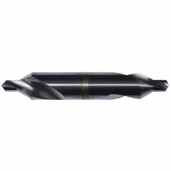 This plain-tip center drill is a double-end tool in size #7 with a 60° angle and 3 1/4 in overall length. Constructed from AlTiN coated cobalt, it is used for creating precise conical starting holes in workpieces for lathe centers or subsequent drilling operations in machining applications.