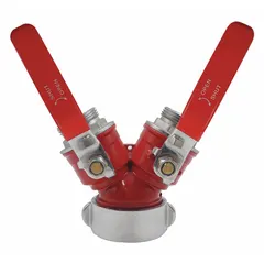 This brass wye valve body features a female NH inlet and two 1-1/2 in male NH outlets. It is used in fire hydrant and standpipe systems to split a single water supply into two hose connections for firefighting or testing.