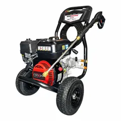 Gas-powered cold water pressure washer mounted on a cart for mobility. Delivers 3,400 psi at 2.5 gpm with 5 1/2 hp. Suitable for cleaning equipment, machinery, and surfaces in industrial and commercial settings.