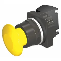 Momentary-action mushroom-head push button from the Siemens Class 52 series. Features a 30 mm non-metallic mushroom profile and one normally open (1NO) contact. Terminals connect via pressure plate. Suitable for industrial control panel applications such as start or emergency-stop functions.