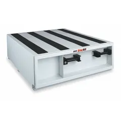 This steel storage drawer unit mounts to truck or van beds for organized tool and parts storage. It features three full-length drawers with a white finish. Typical applications include service vehicles and fleet maintenance where secure, accessible storage is required.