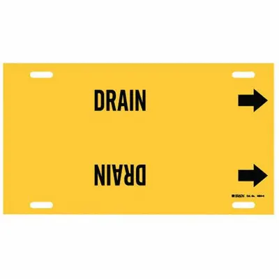 BRADY Pipe Marker: Drain, Yellow, Black, Fits 10 to 15 in Pipe O.D., 1 Pipe Markers - Drain Strap-On Pipe Markers
