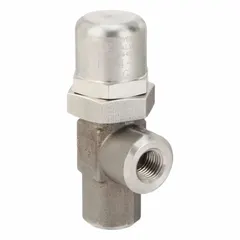 Soft-seat pressure control valve with stainless steel body and 1/4 in NPT connections. Maximum set pressure 200 psi. Used to regulate system pressure in hydraulic and pneumatic circuits, providing positive shut-off in fluid power and process control applications.
