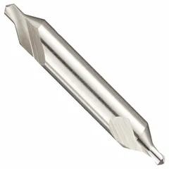 This #4 radius-tip center drill features a 60° angle and is made of TiN coated high speed steel. With an overall length of 2 1/8 in, it is used to create conical starting holes for lathe work or to support workpieces between centers. The radius tip reduces stress concentration in precision machining setups.