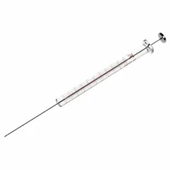 Gastight syringe with a borosilicate glass barrel and PTFE plunger and tip. Features a cemented needle with point style 2. Sterile and individually packaged. Includes replaceable tip and needles. Suitable for precise liquid handling in analytical chemistry and chromatography applications.