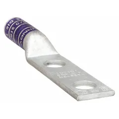 Two-hole compression lug for terminating 4/0 AWG stranded copper wire. Features a long copper barrel and 1/2-inch stud size. Suitable for use in power distribution panels, switchgear, and heavy equipment connections.