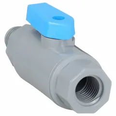 This manual two-way ball valve features a 1/4 in PVC body with a straight pattern and full-port ball port for unrestricted flow. Connections are male NPT x female NPT. Suitable for on/off flow control in industrial piping systems handling water, air, or mild chemicals.