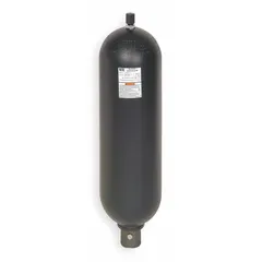 Bladder-type accumulator with 2174 cu in usable volume and 3000 psi maximum pressure. Designed for storing hydraulic energy, absorbing shock, dampening pulsations, and supplementing pump flow in industrial hydraulic systems such as presses and injection molding. Connection: SAE #24 (1-7/8-12). Compatible with mineral oil, temperature range -20 to 200°F.