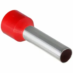 Insulated ferrule for terminating stranded wire into terminal blocks. Red nylon construction, 0.19 in ferrule diameter, holds 1 wire. Used in control panels, machinery wiring, and automation systems to prevent fraying and ensure secure connections.
