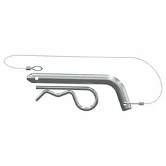 This pin and clip assembly is used to secure a trailer coupler to a hitch ball in towing applications. It features a 3 in overall length with 3 in usable length, constructed from carbon steel with a zinc-plated finish. The assembly includes a clip for retention.