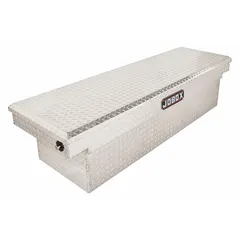 This single-lid crossover box is constructed of aluminum with a silver finish. It has an overall width of 71 inches. Designed for truck bed storage, it provides weather-resistant protection for tools and equipment during transport.