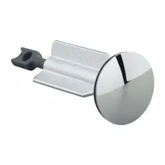 This brass drain stopper with a polished chrome finish is a replacement part for sink drains. It fits standard 1-1/2 inch drain openings and is used to control water flow in sink applications.