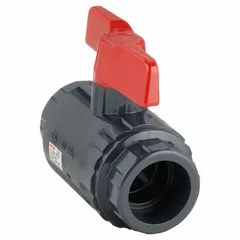 PVC ball valve with full port design for unrestricted flow. Straight pattern with socket x socket connections and tee configuration. Used for on/off control in piping systems handling corrosive fluids.