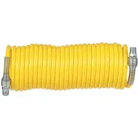 This nylon coiled air hose assembly features a 1/4 in inside diameter, 25 ft length, and yellow nylon cover. It is equipped with brass MNPT x MNPT fittings on both ends. Suitable for supplying compressed air to pneumatic tools and equipment in industrial workshops, assembly lines, and maintenance areas