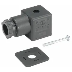 This plug-in solenoid coil connector features a DIN 43650 Form A interface and is designed for 22 mm coil sizes. It provides IP65 ingress protection for use in pneumatic control systems. Suitable for connecting solenoid coils on inline air control valves in industrial environments.