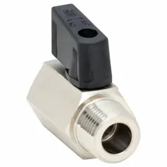 This mini ball valve features a nickel-plated brass body with straight MNPT x FNPT connections and a wedge handle. It is used for on/off flow control in compact piping systems, suitable for applications such as compressed air, water, and oil lines.