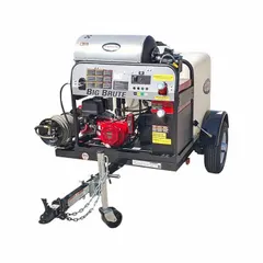 Hot water, heavy-duty diesel pressure washer trailer with a 4 gpm flow rate. Powered by a Honda engine, this unit is suited for industrial cleaning tasks such as removing grease, oil, and grime from equipment, vehicles, and surfaces.