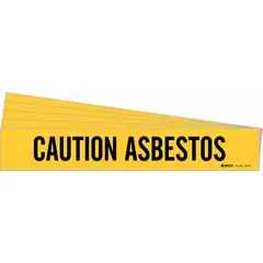 Yellow adhesive pipe marker with black legend reading 'Caution Asbestos'. Designed for pipe outer diameters from 2-1/2 to 7-7/8 inches. Pack of 5 includes 1 marker without directional arrows. Used to identify piping containing asbestos in industrial and facility settings.