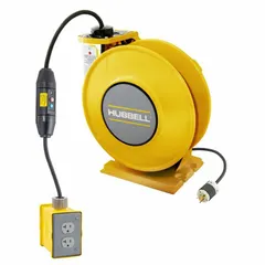 Self-retracting cord reel with ratchet lock mechanism for managing power delivery. Includes 35 ft of 14 AWG SJO cable with NEMA 5-15P feeder plug and NEMA 5-15R retractable connector. Suitable for industrial and commercial use to reduce trip hazards and cord wear.
